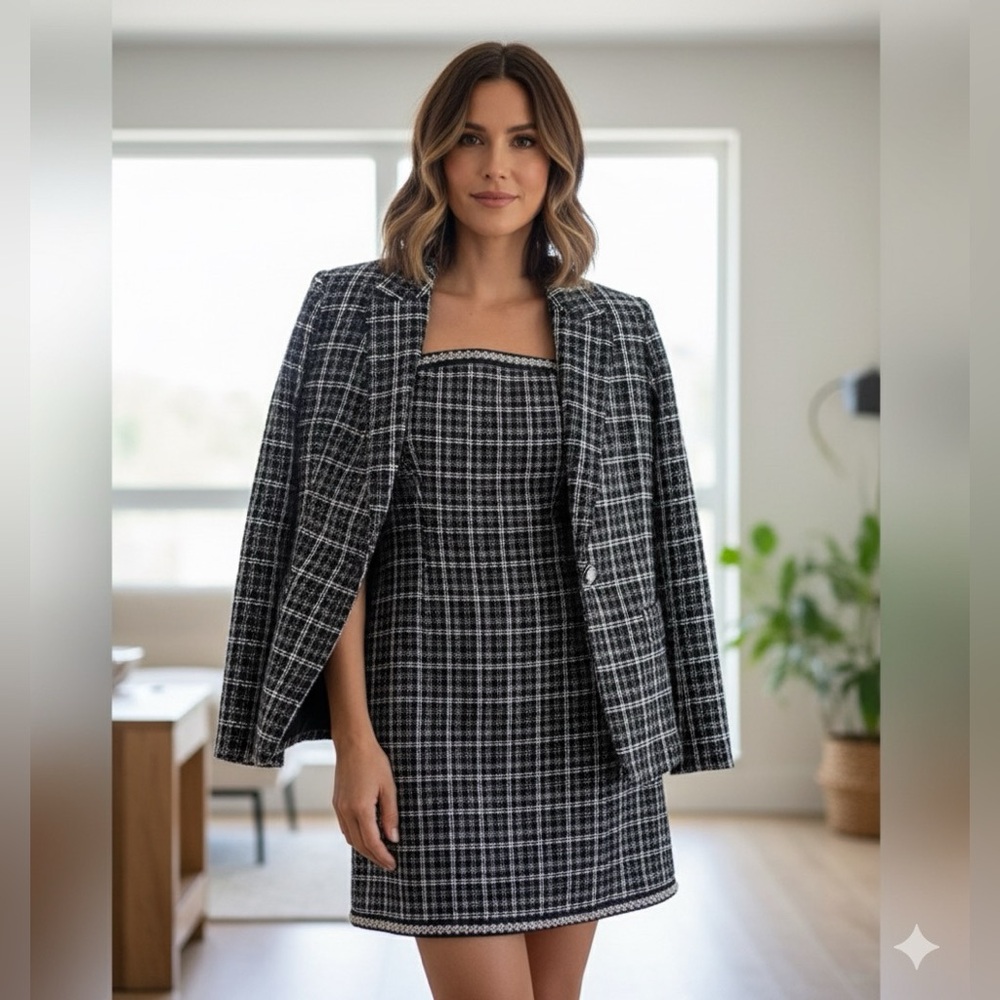 Elie Tahari Black and White Plaid Blazer only, size L